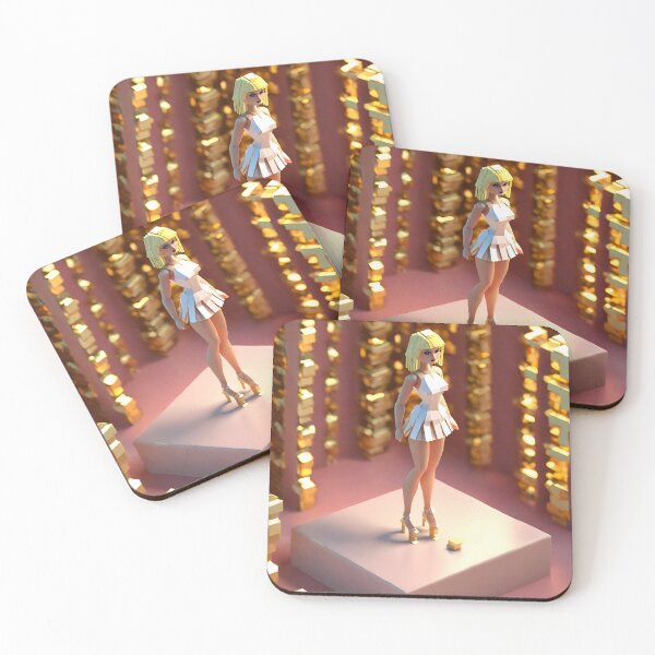 Item preview, doll looking girl wearing white mini dress standing atop a rose gold stage amidst golden decorated pillars designed and sold by thebitsinc.