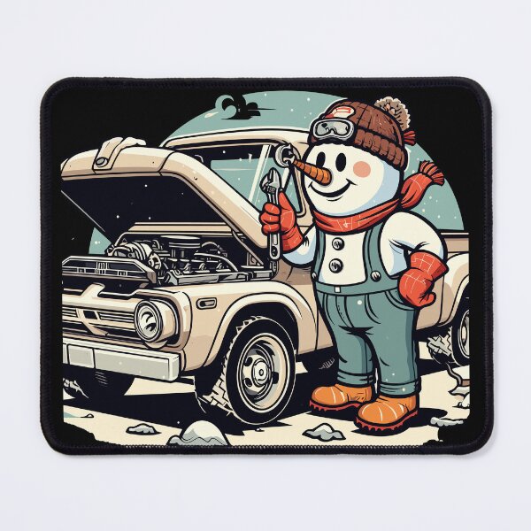 Item preview, Cute Snowman Mechanic Fixing Vintage F100 Truck wearing hat and gloves designed and sold by 8fifty8.