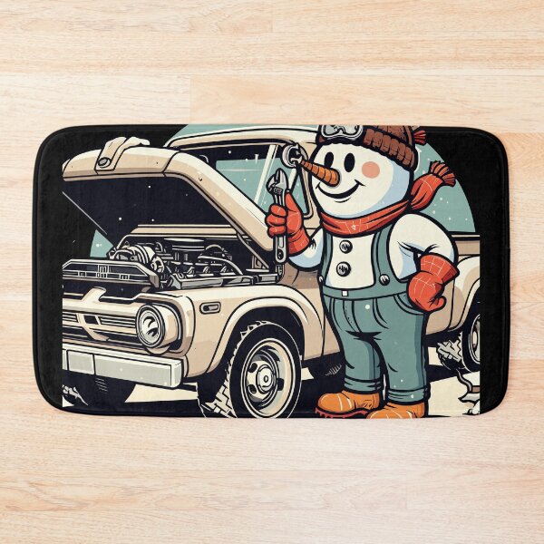 Item preview, Cute Snowman Mechanic Fixing Vintage F100 Truck wearing hat and gloves designed and sold by 8fifty8.