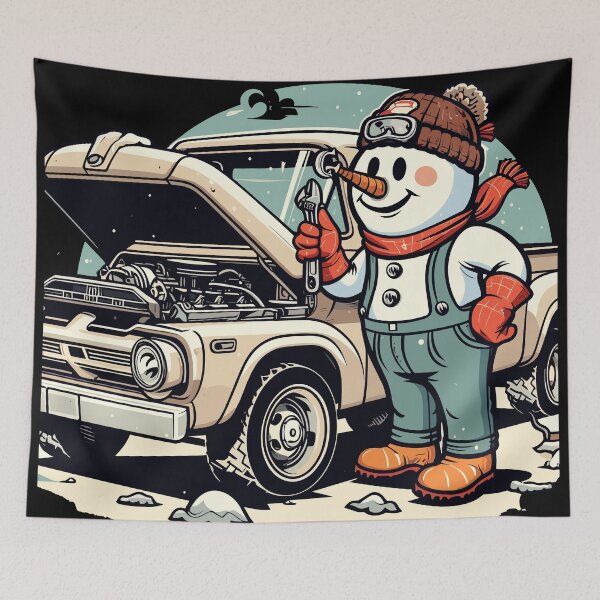 Item preview, Cute Snowman Mechanic Fixing Vintage F100 Truck wearing hat and gloves designed and sold by 8fifty8.