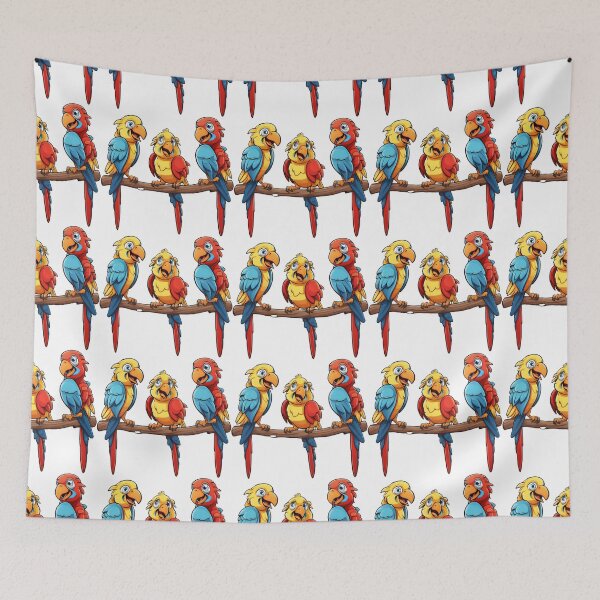 Item preview, Cartoon three parrots on a perch laughing and chortling designed and sold by spoo-art.