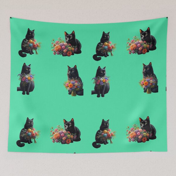 Item preview, cute black cats with flowers  designed and sold by Cuteanimecorner.