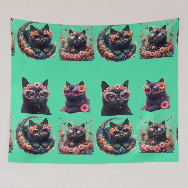 Item preview, cute black cats with glasses and  flowers  designed and sold by Cuteanimecorner.
