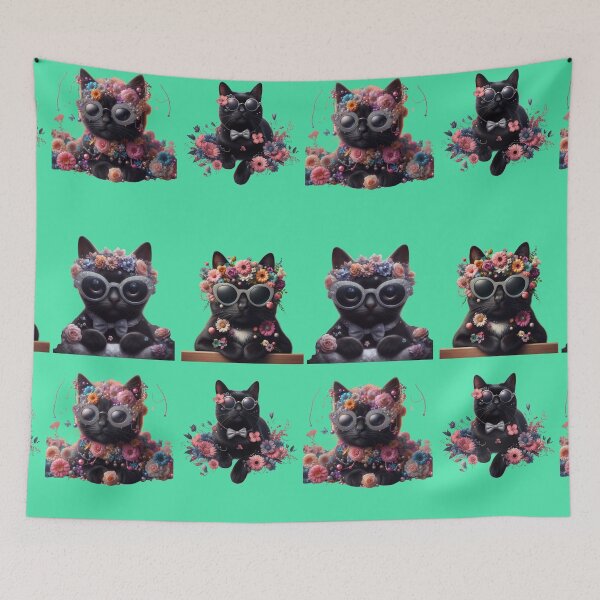 Item preview, cute black cats with glasses and  flowers  designed and sold by Cuteanimecorner.