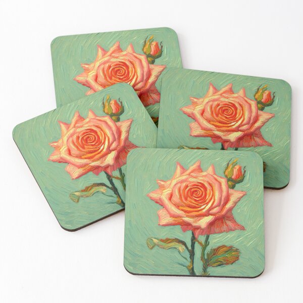 Item preview, Van Gogh Style Rose with Blue Background Oil Painting - A Peach Rose Study designed and sold by Star-Fragment.