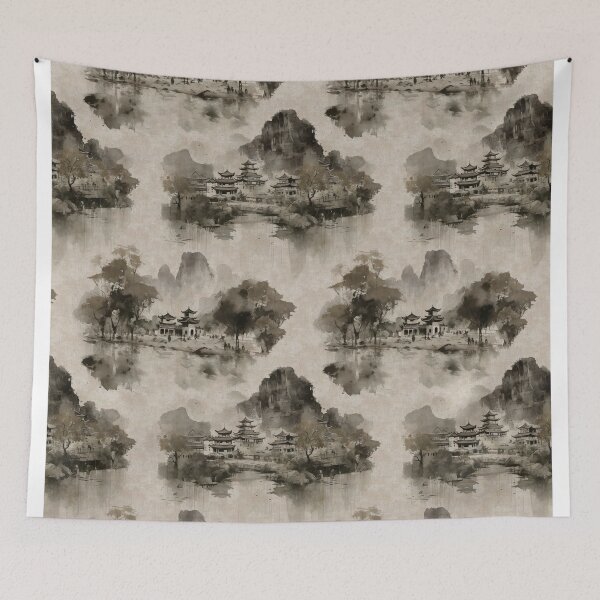 Item preview, Copy of Chinese landscape ink blue designed and sold by Alessandro Remo Mazzoni Remotextiles.