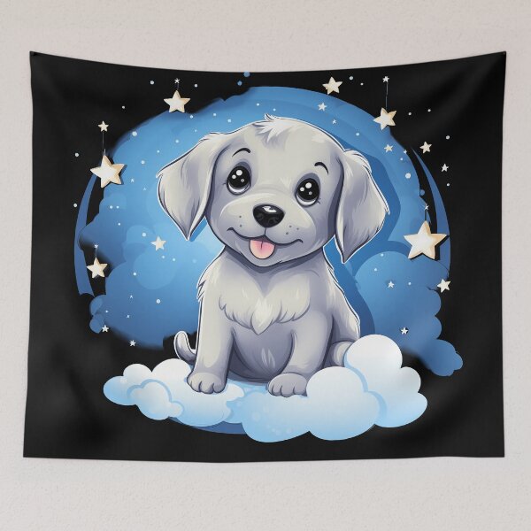 Item preview, Cute silver labrador retriever grey puppy smiling on clouds with starry sky in the background  designed and sold by NBSStore.