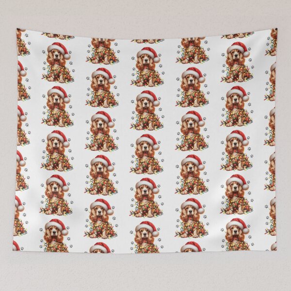 Item preview, Dog Christmas Cocker Spaniel wrapped with Christmas lights on Christmas eve  designed and sold by BotunPeony.