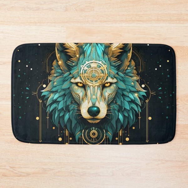 Item preview, Majestic native style wolf in turquoise and beige with golden ornaments designed and sold by CiniAi.