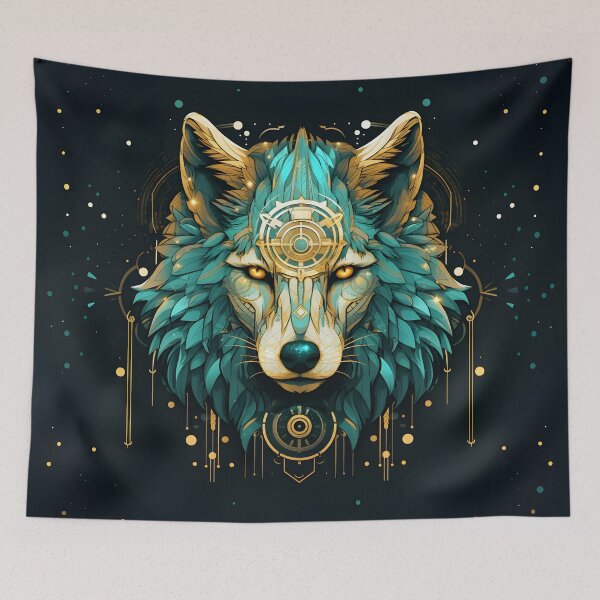 Item preview, Majestic native style wolf in turquoise and beige with golden ornaments designed and sold by CiniAi.