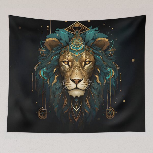 Item preview, Artistic native style lion in turquoise and gold designed and sold by CiniAi.