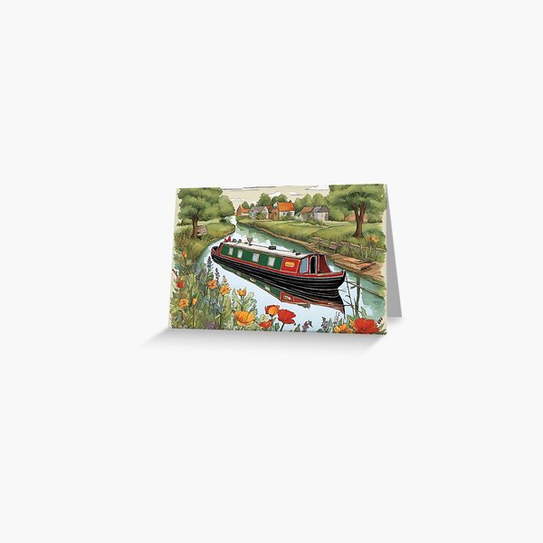 Artikel-Vorschau von Narrowboat hat gerade ein Dorf am Kanal verlassen, designt und verkauft von canal-arts.