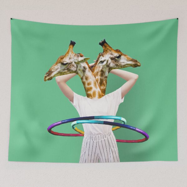Item preview, Playful Surreal Collage - 'Better Than One' Solo in Green: Giraffe-Headed Woman with Hoops - Perfect Children's Room Decor designed and sold by GollyWillikers.