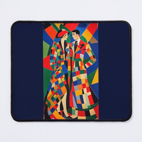 Item preview, vintage cubist fashion, couple in coat multicolored geometric designs designed and sold by Creativesphotos.