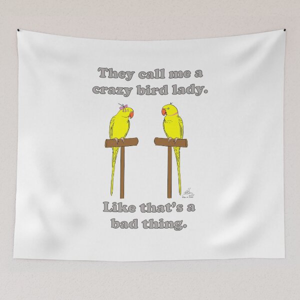 Item preview, Crazy Bird Lady with Yellow Indian Ring Neck Parrots designed and sold by Laughing Parrot Studio.