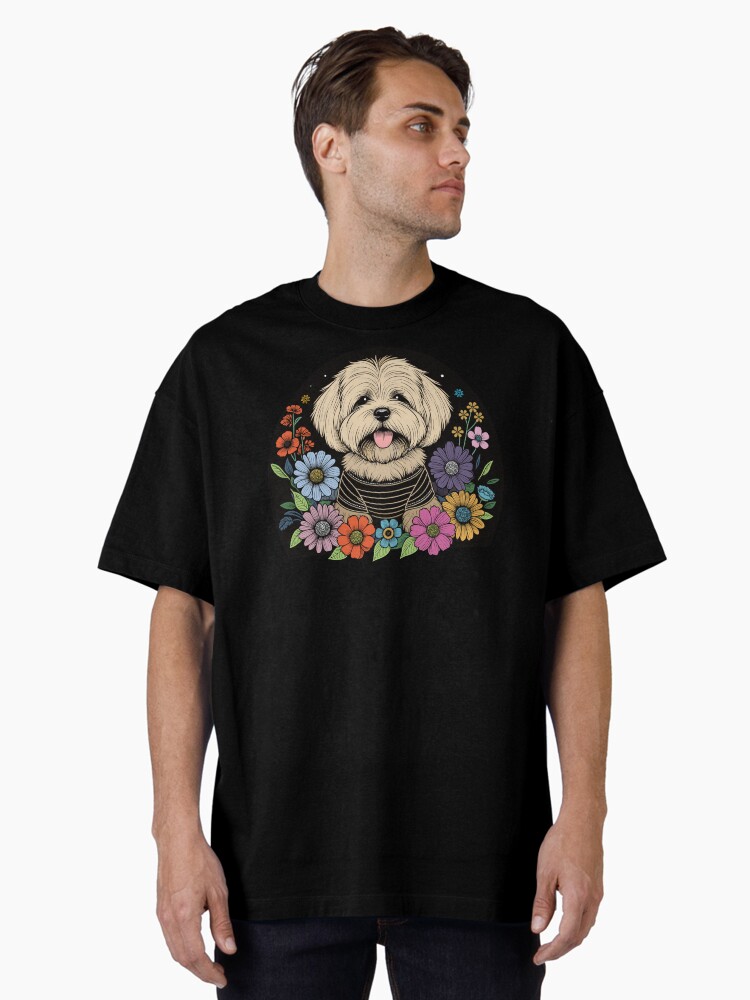 Thumbnail 2 of 7, Oversized T-Shirt, Lhasa Apso Dog Surrounded by Summer Garden Flowers designed and sold by hidden-design.