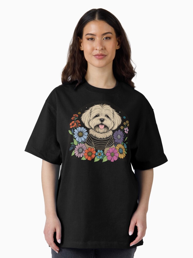 Thumbnail 1 of 7, Oversized T-Shirt, Lhasa Apso Dog Surrounded by Summer Garden Flowers designed and sold by hidden-design.
