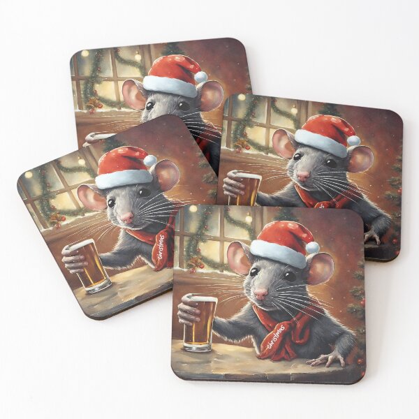 Artikelvorschau, Weihnachtsgrüße Ratte mit Bier Illustration entworfen und verkauft von inkArtistryfine.