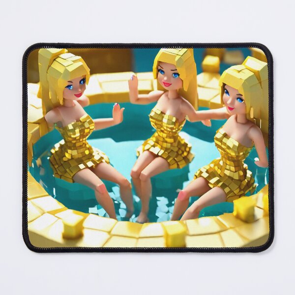 Item preview, three doll looking blonde girls wearing golden mini dress partying in a golden jacuzzi designed and sold by thebitsinc.