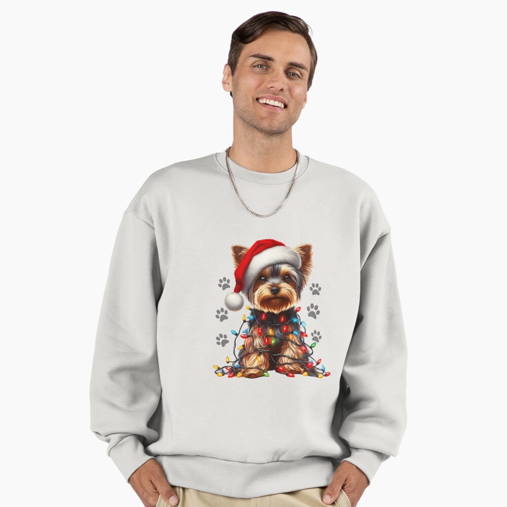 Dog Christmas Yorkshire Terrier wrapped with Christmas lights on new year eve Sticker