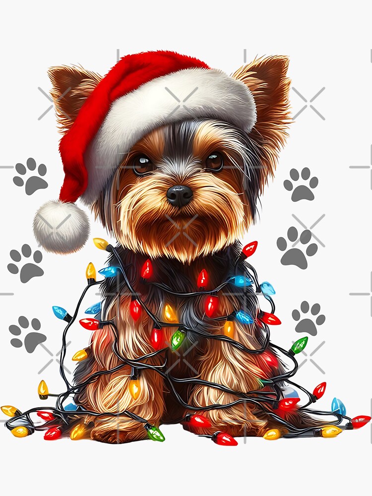 Dog Christmas Yorkshire Terrier wrapped with Christmas lights on new year eve Sticker