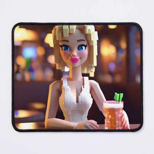 Item preview, doll looking blonde girl wearing white mini dress drinking mocktail in a pub designed and sold by thebitsinc.