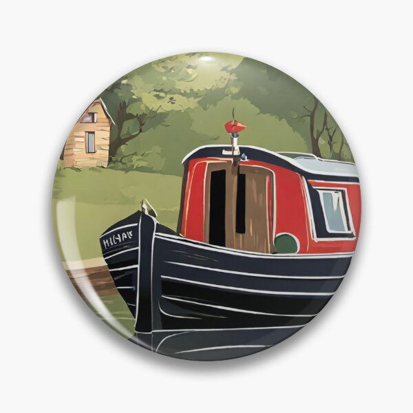 Item preview, Small red narrowboat cruising along the canal designed and sold by canal-arts.