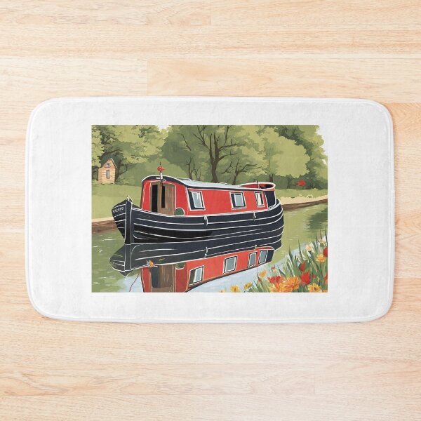 Item preview, Small red narrowboat cruising along the canal designed and sold by canal-arts.