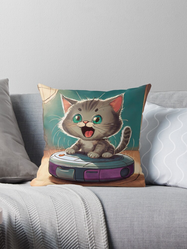 Thumbnail 1 of 4, Pillow, Vacuum cleaning robot kitten designed and sold by TBMdesigns.