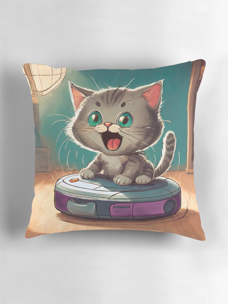 Thumbnail 3 of 4, Pillow, Vacuum cleaning robot kitten designed and sold by TBMdesigns.