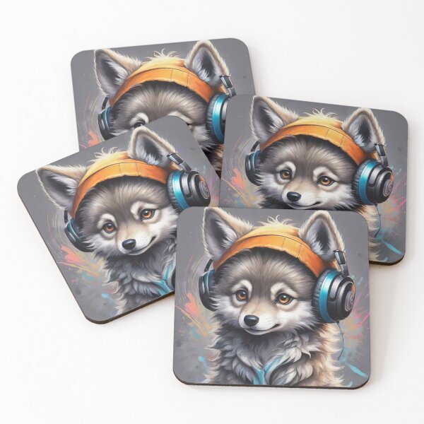 Item preview, Baby wolf DJ in colorful background designed and sold by Leylita Design.