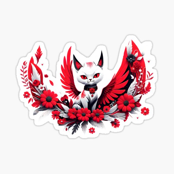 Floral graphic cat with wings, angel or demon Sticker