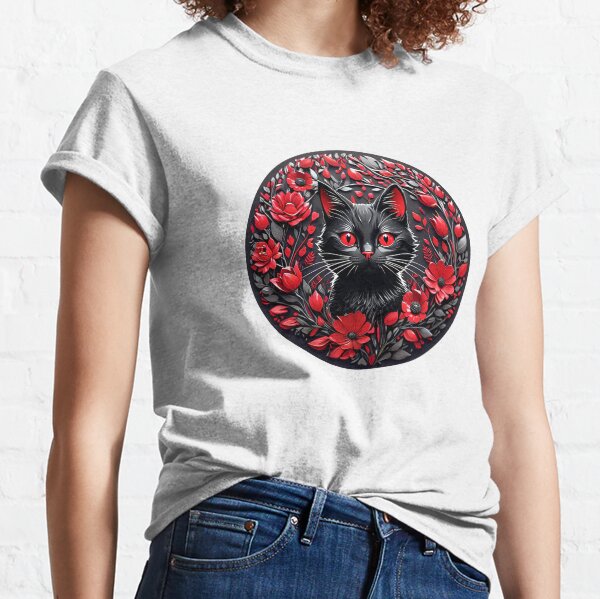 Cute floral graphic cat in a circle Classic T-Shirt