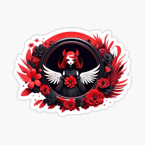 Angel with wings, girl in a floral circle, red and black flowers Sticker