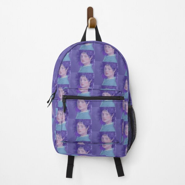 Item preview, Young Woman with Purple Headshot Portrait on Blue Colored Background designed and sold by masabo.