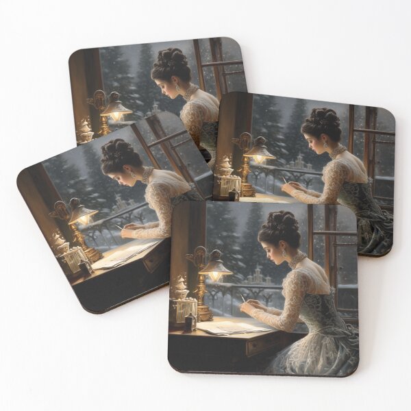 Item preview, Victorian lady sits at her desk and writes Christmas cards designed and sold by GildedPagesCo.