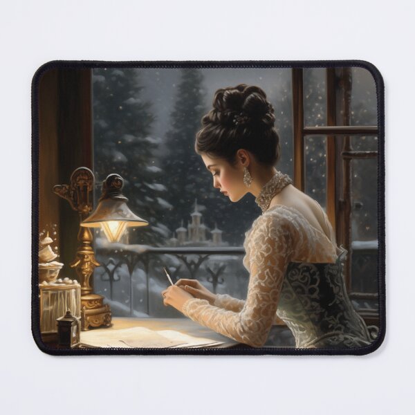 Item preview, Victorian lady sits at her desk and writes Christmas cards designed and sold by GildedPagesCo.