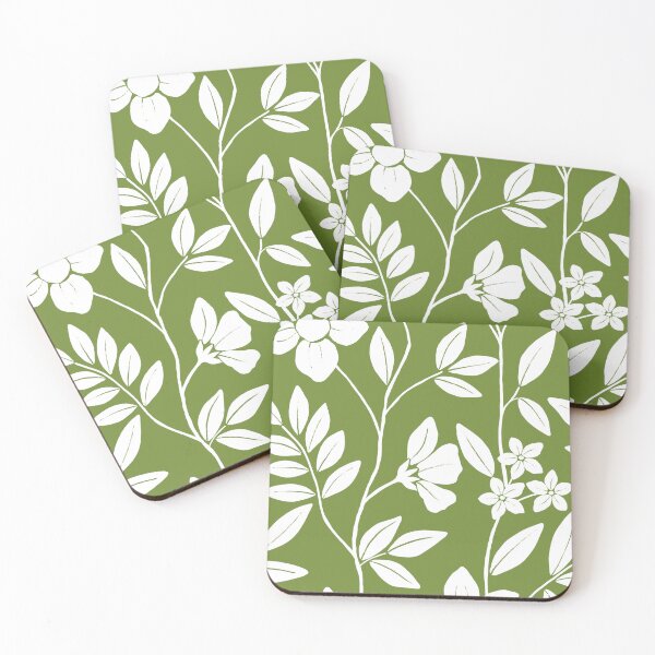 Item preview, White leafy floral branches on green designed and sold by PrettywithColor.