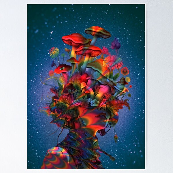 Psychedelic Floral Mushroom Head Poster
