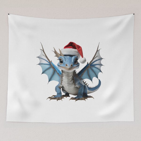 Item preview, Realistic Artwork of a Cute Blue Baby Dragon Wearing a Red Festive Christmas Hat designed and sold by CuteopiaGallery.