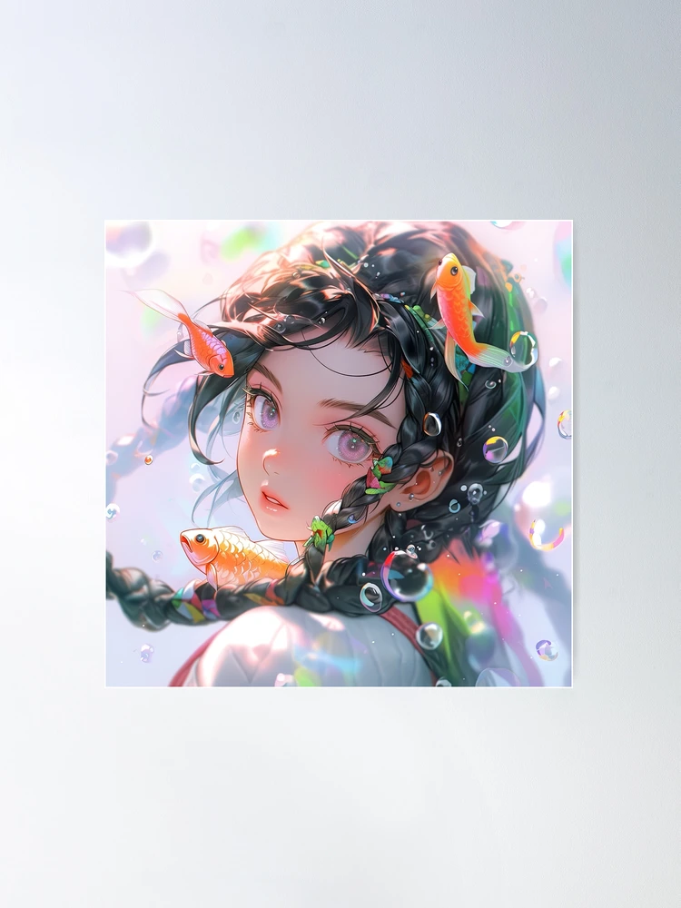 Underwater Anime Girl Surrounded by Fish and Bubbles Poster for