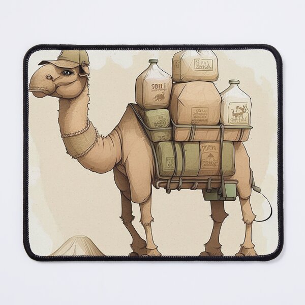 Item preview, Camel as a water delivery service worker, humorously storing water bottles in its humps designed and sold by PaintbrushPlace.