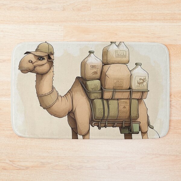 Item preview, Camel as a water delivery service worker, humorously storing water bottles in its humps designed and sold by PaintbrushPlace.