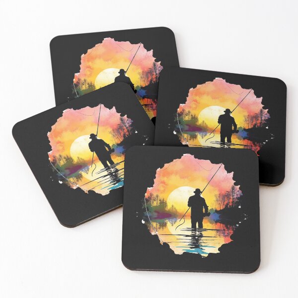 Item preview, Colorful angler in sunset fishing scene for your home designed and sold by WallGemsArt.