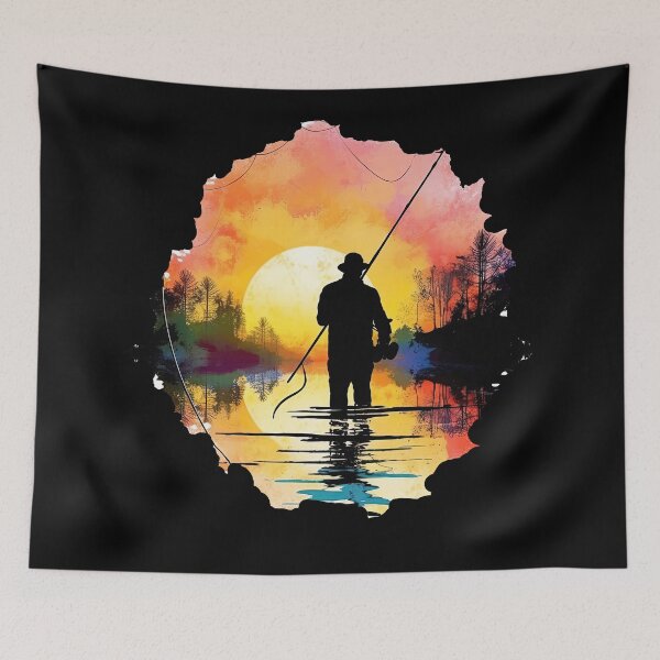 Item preview, Colorful angler in sunset fishing scene for your home designed and sold by WallGemsArt.