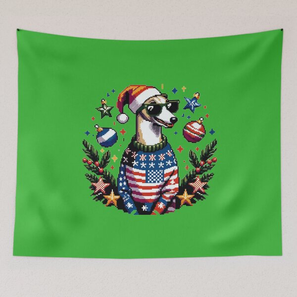 Item preview, Merry Woofmas | Happy Patriotic Whippet  in Ugly Sweater USA Flag Edition designed and sold by TheMostLikely.