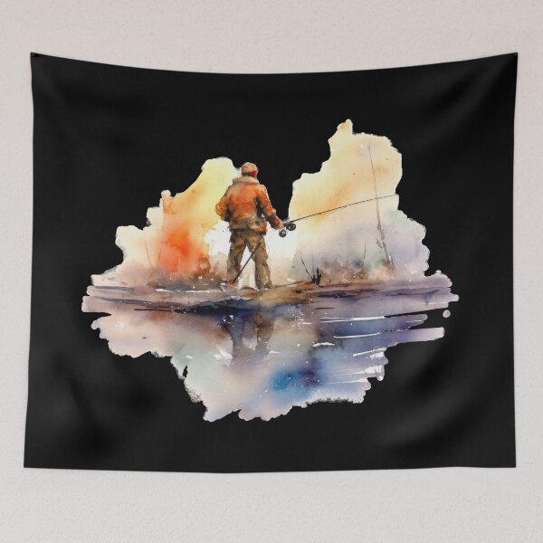 Item preview, Watercolor angler in colorful sunset designed and sold by WallGemsArt.
