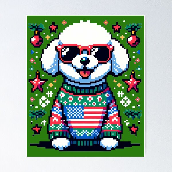 Merry Woofmas | Happy Patriotic Bichon Friese in Ugly Sweater USA Flag Edition Poster