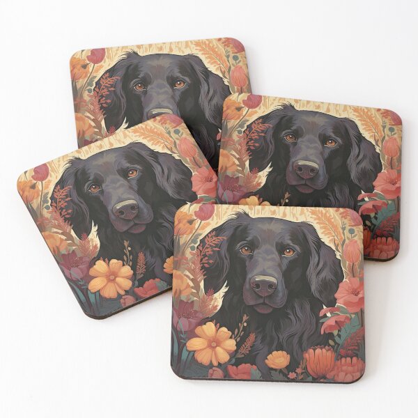 Item preview, black Flat Coated Retriever in floral retro design designed and sold by retriever-dogs.