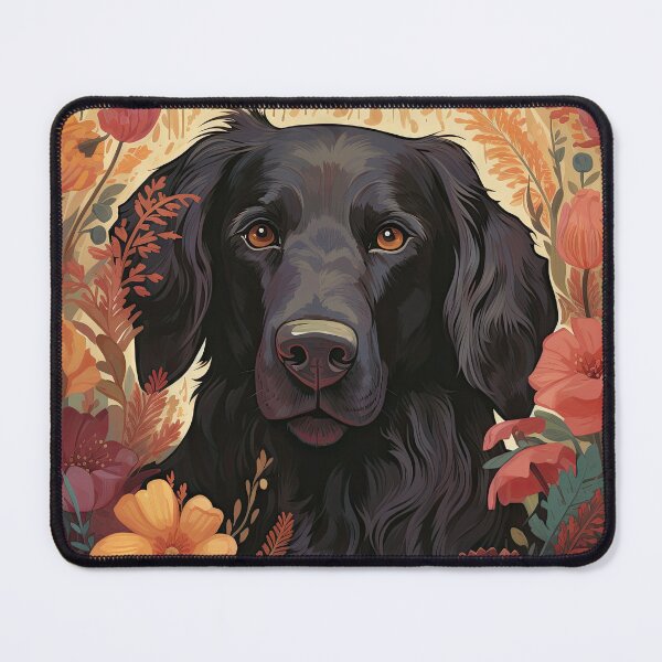 Item preview, black Flat Coated Retriever in floral retro design designed and sold by retriever-dogs.